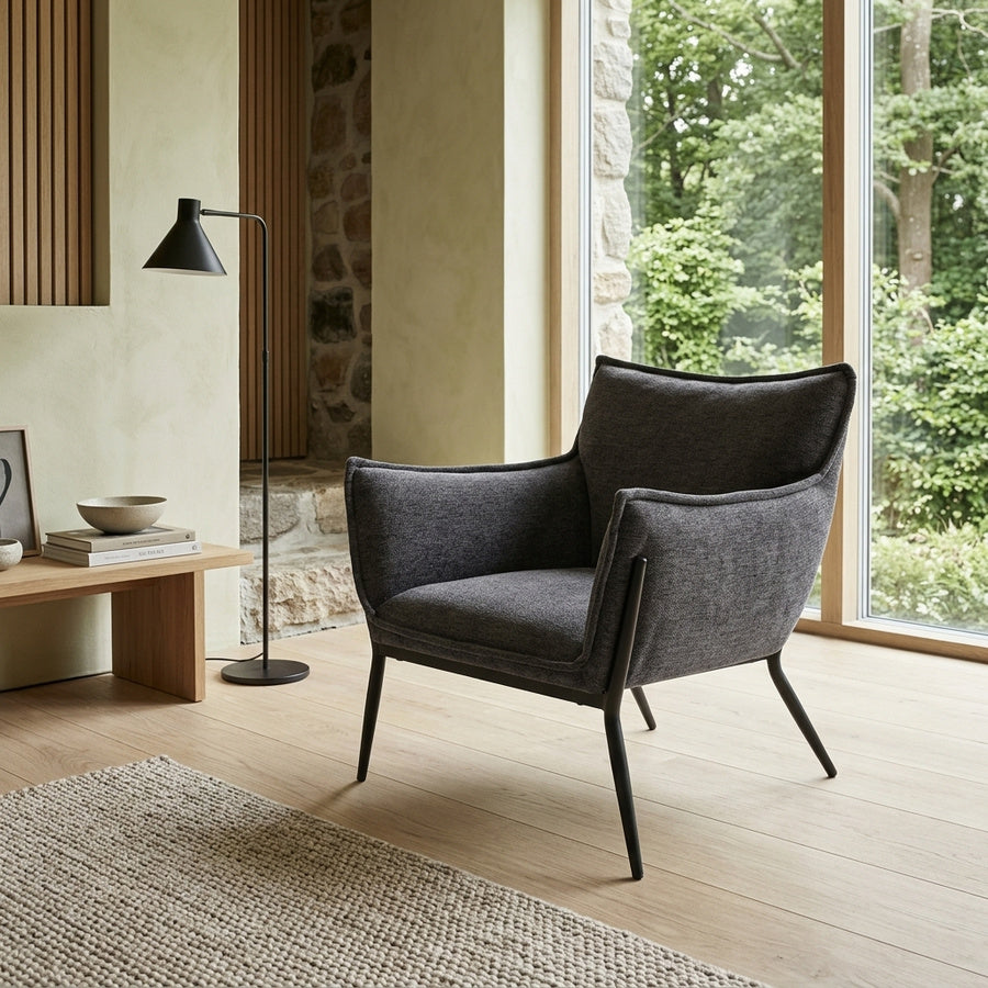 Calgary Loungestol med Armlæn i Mørkegrå Stof med Sort Stål Stel fra Unique Furniture | B83xH82xD79cm - Billede 1
