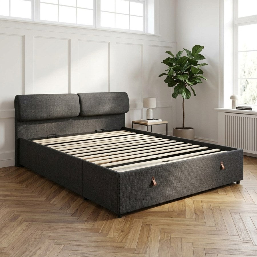Calvi Seng i Mørkegrå Stof med justerbar Nakkestøtte, Hejs & Skjult Opbevaring & Stel i Mat Sort Stål fra Actona | BDH 177x202x110 cm - Billede 1