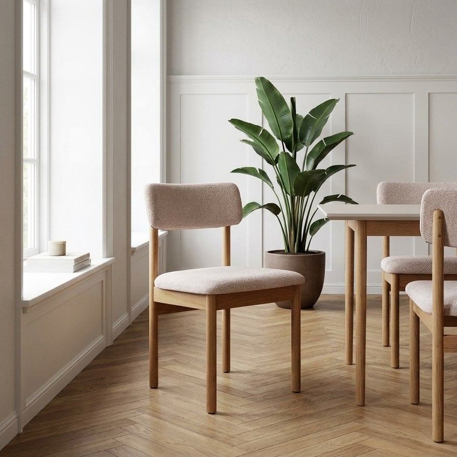 Canora Spisebordsstol i Sandfarvet Bouclé med Egetræsben fra Unique Furniture | B44xH80,5xD48cm