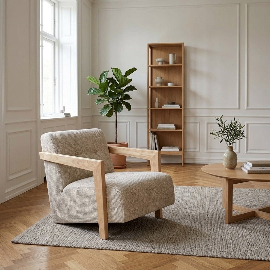 Caracas Loungestol i Beige Stof ogi 100% Massiv Egetræ med Armlæn fra House Nordic | L72xB88xH72cm