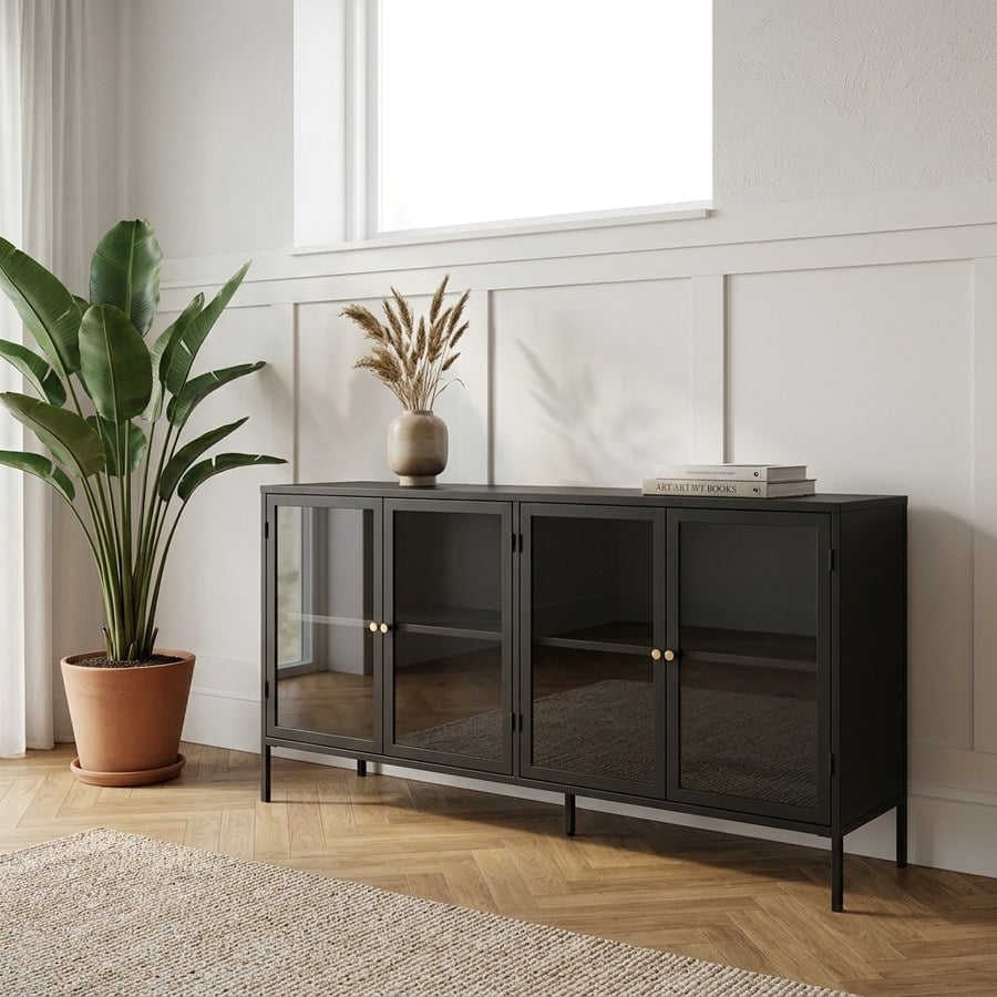 Carmel Skænk i Sort Stål med 4 Sektioner og Greb i Guld Metal fra Unique Furniture | 40x170x85cm