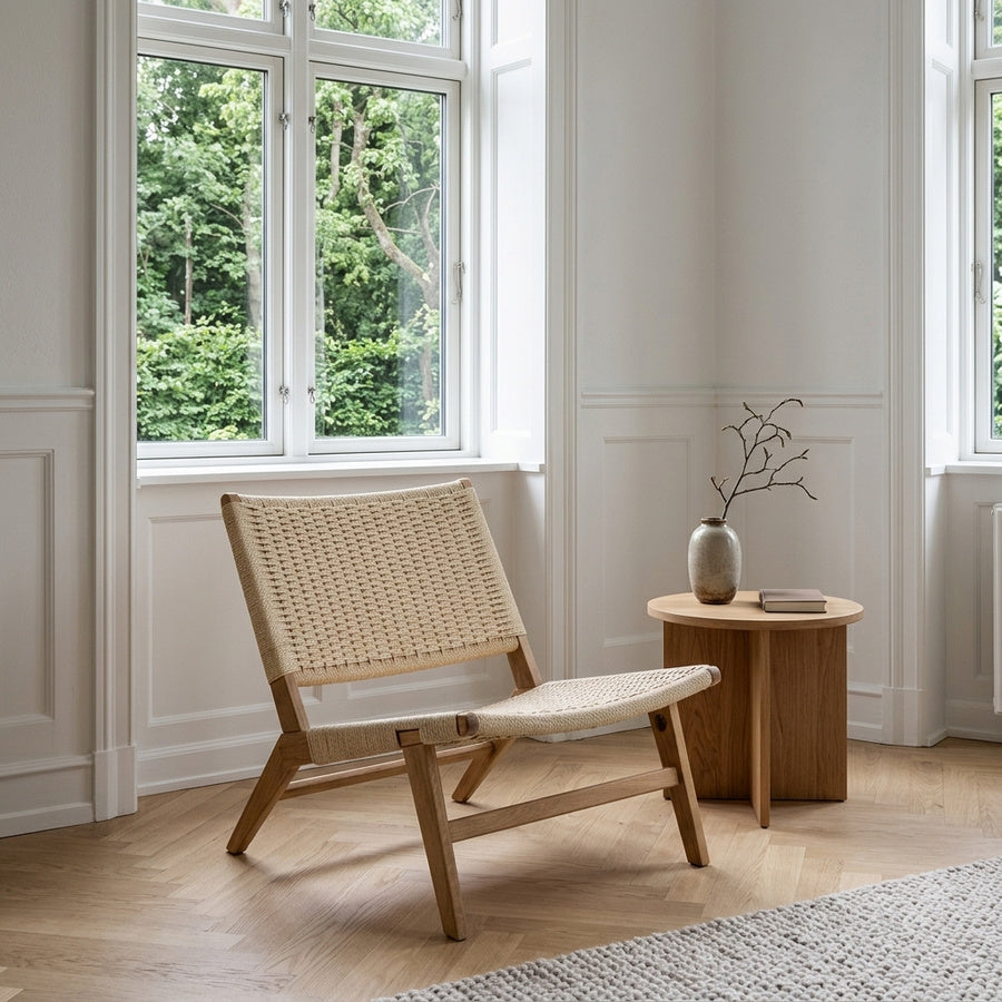 Carson Lounge Stol i Off White Papirflet med Vævet Mønster og Stel i Eg fra Actona | 64x79x72cm - Billede 1