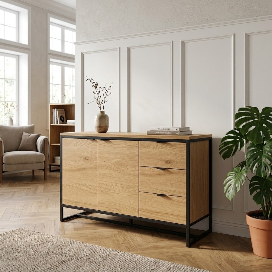 Cesura Skænk i Egetræsmelamin med Sort Metal Stel fra Unique Furniture | B104,5xD45xH80cm