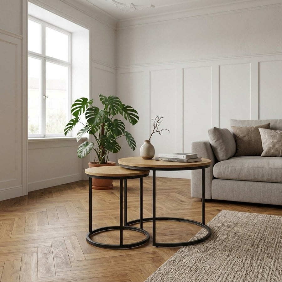 Cesura Sofabord i Egetræ og Sort Metal fra Unique Furniture | Ø60xH50cm