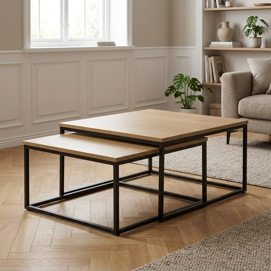 Cesura Sofabord i Egetræ og Sort Metal fra Unique Furniture | 75x75x40cm