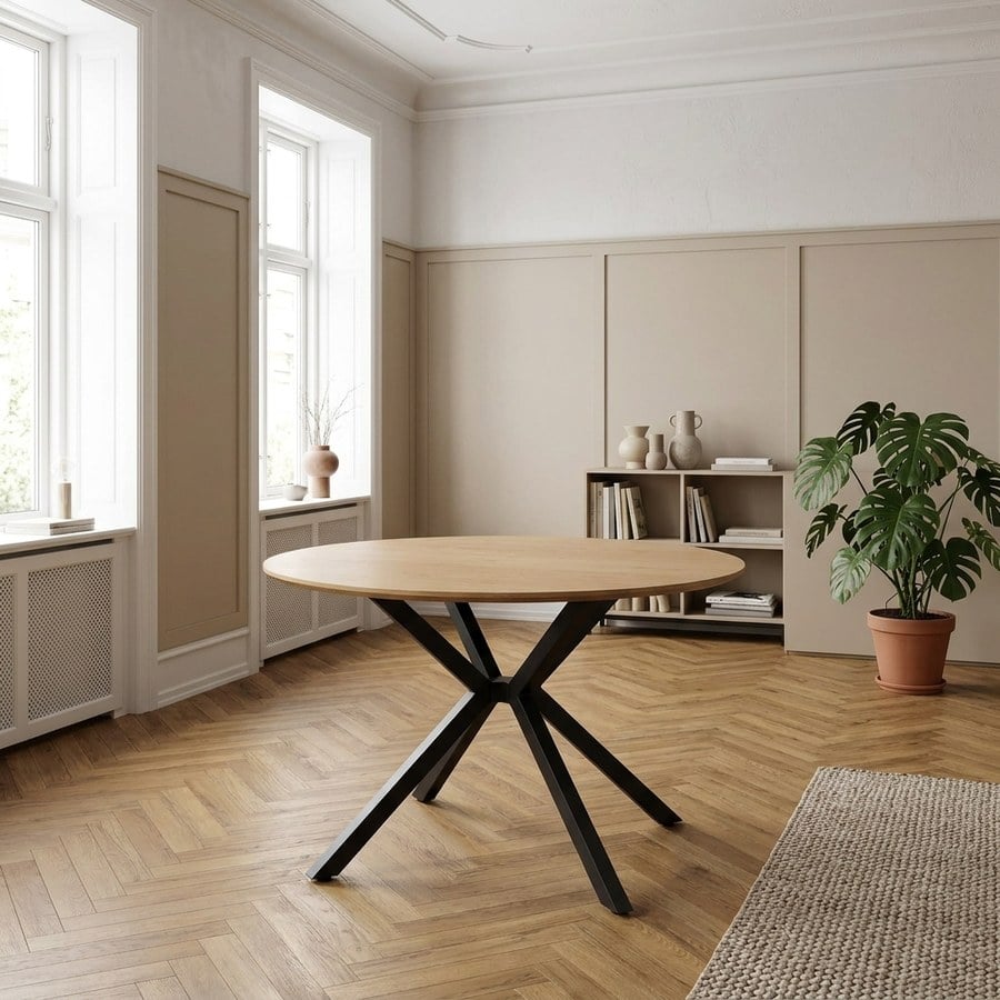 Cesura Spisebord med udtræk i Egetræs Melamin med Sorte Metalkrydsben fra Unique Furniture | B120-170xD120xH75cm
