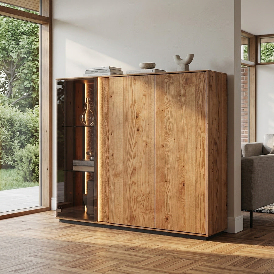 Miljøbillede af Idun Lavt Vitrineskab i Massiv Egetræ, Olieret Model 11 (B135xD37xH115cm) indrettet i hjemmet fra UniqueBeds Home and Living