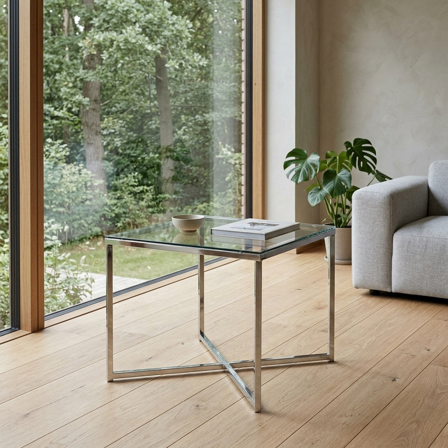 Cross Firkantet Hjørnebord i Klar Hærdet Glas & Stel i Krom Stål fra Actona | B50xD50xH45cm - Billede 1