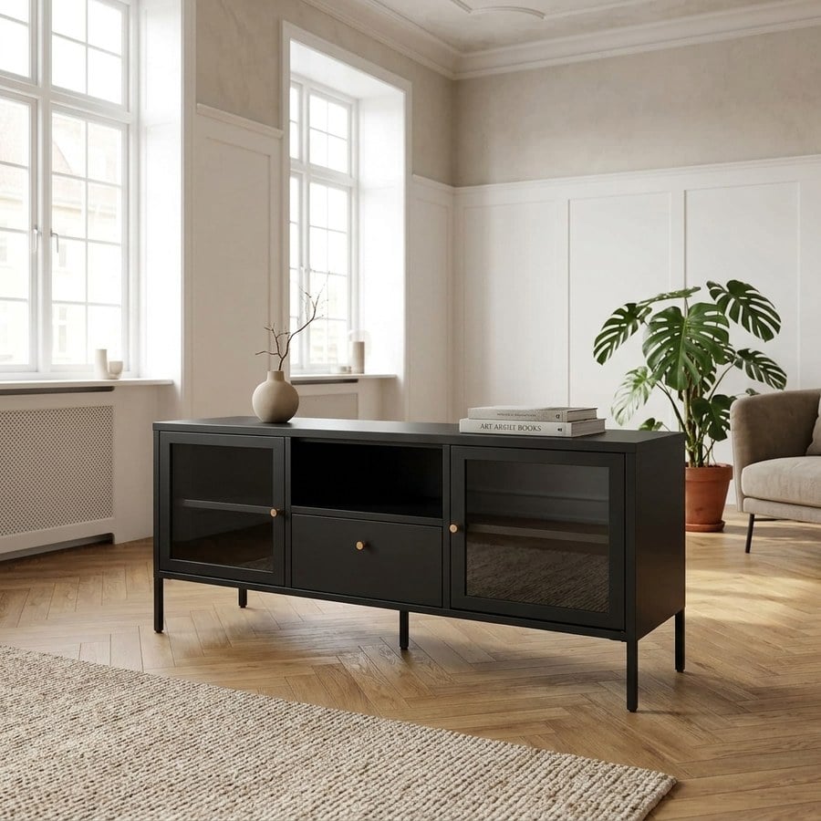 Dalby TV-Bænk, sort med glaslåger og skuffe fra House Nordic