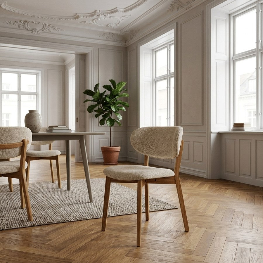 Dunkirk Spisebordsstol i 100% Massiv Egetræ med Beige Stof Sæde fra House Nordic | L59xB52xH82cm