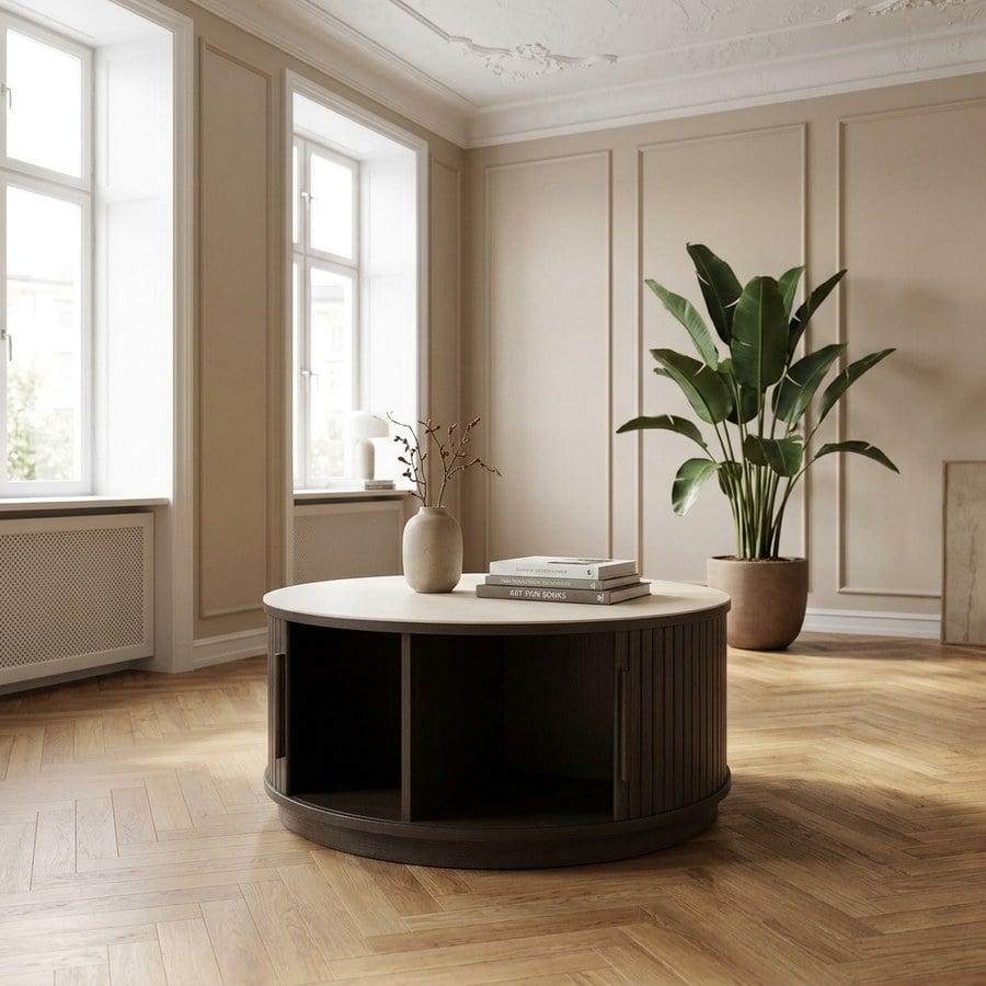 Enna Sofabord i Mørk Espresso Egetræ &amp; Sand Keramik fra Unique Furniture | Ø85x40 cm