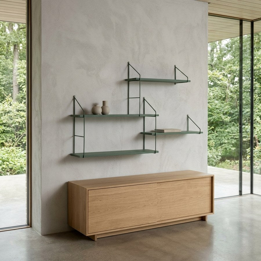Harlem Hylde med 4 forskudte grønne Hylder og grønt metalstel fra House Nordic | 99x14,5x62 cm - Billede 1