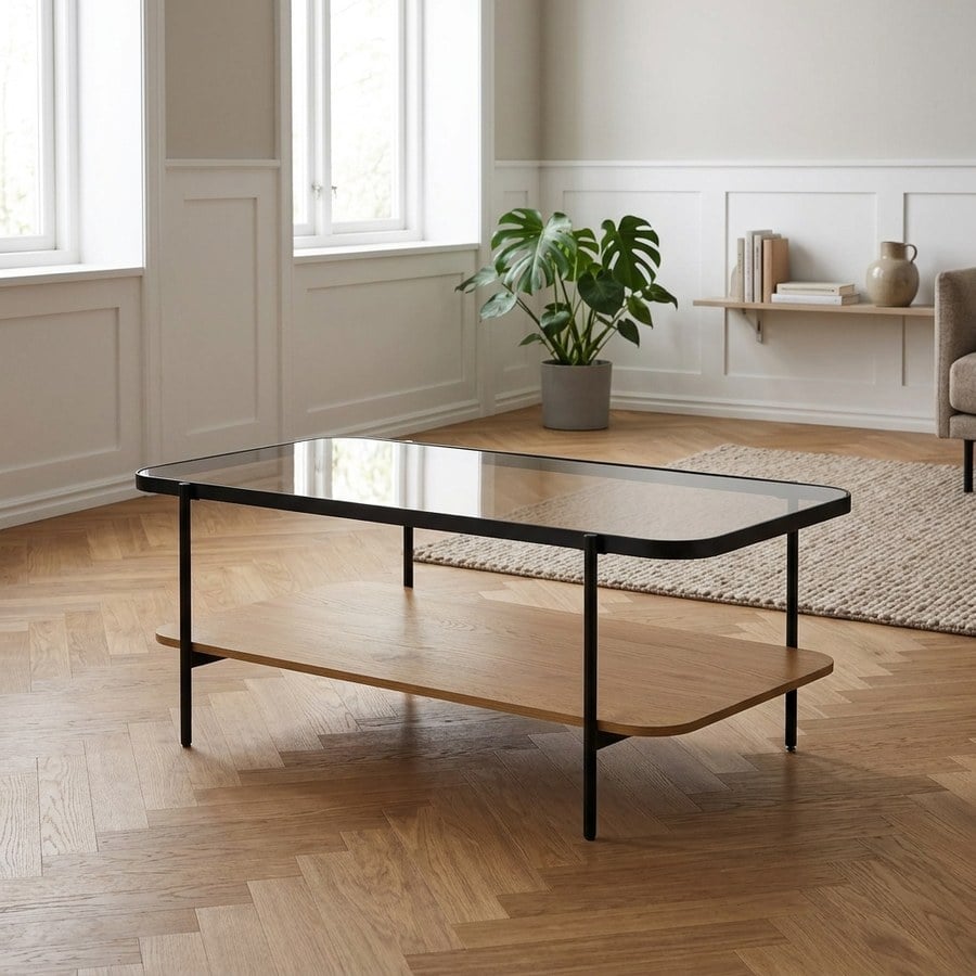 Hassel Sofabord i Tawny Egetræ &amp; Glas &amp; Stel i Sort Metal fra Unique Furniture | B120xD60xH45 cm