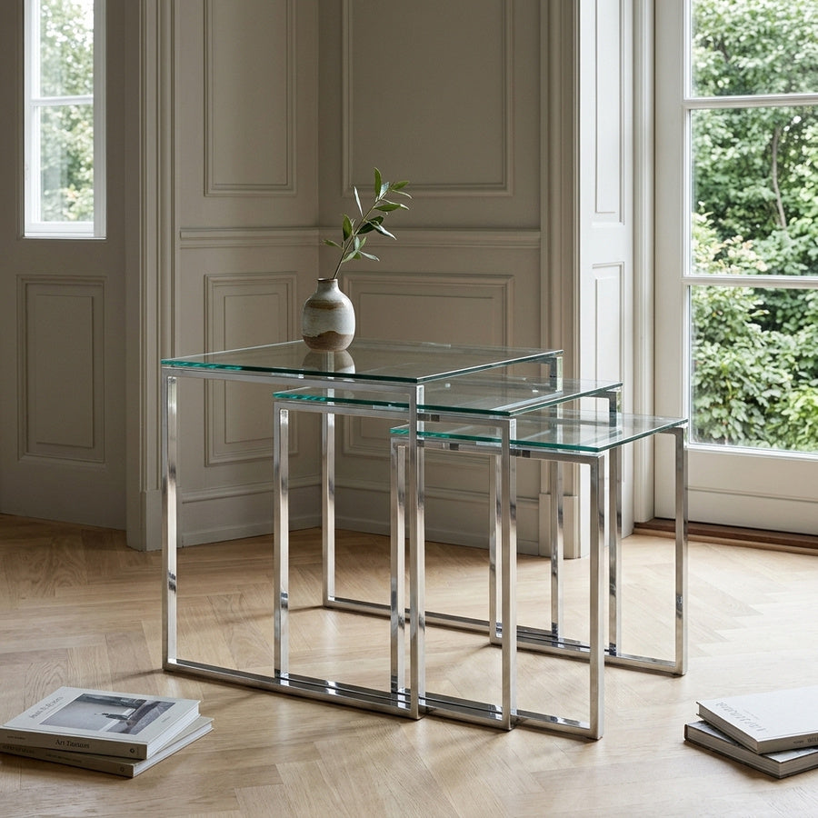 Katrine Indskudsbord i Klar Glas & Stel i Krom Stål fra Actona | 3 Indskudsborde - Billede 1