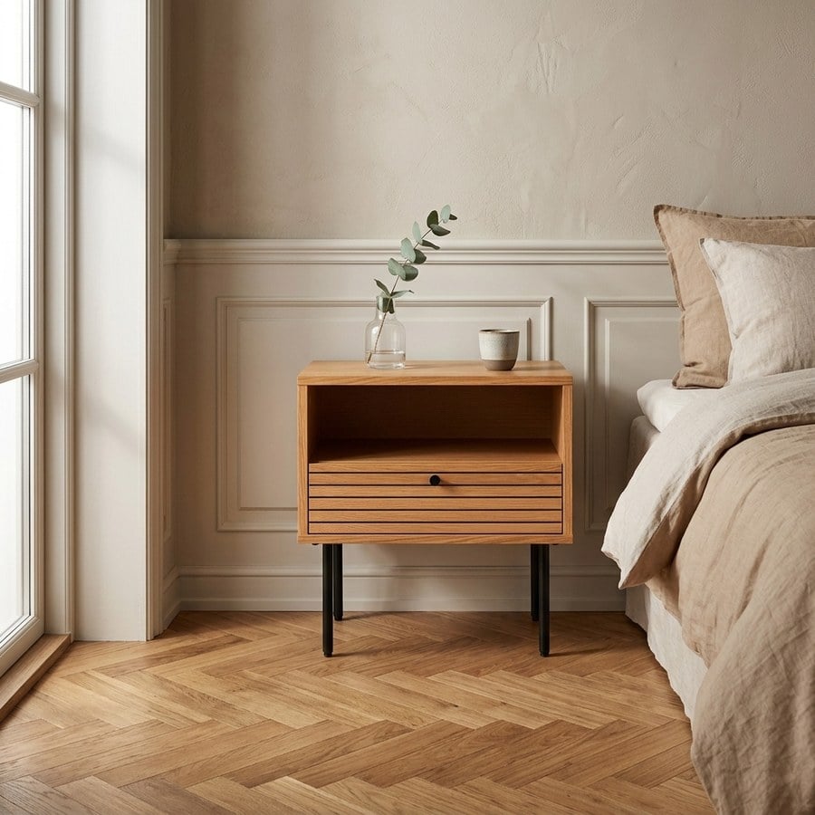 Kyoto Sengebord/Sidebord i Natur Egefiner med Sorte Metalben Fra House Nordic | 1 skuffe 50x40x50 cm