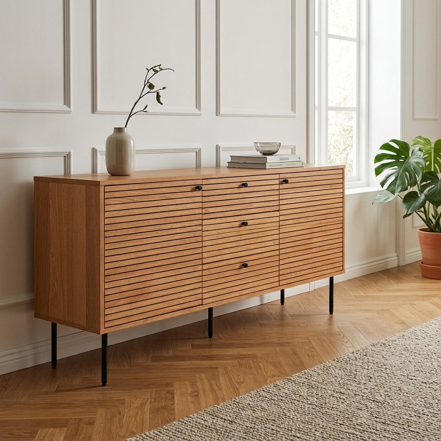 Kyoto Skænk i Natur Egefiner Fra House Nordic | 3 skuffer & 2 låger | 150x40x74 cm