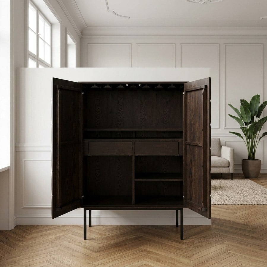 Latina Barskab i Mørk Espresso Egetræ med Sorte Metalben fra Unique Furniture | B90xH130xD44,8cm