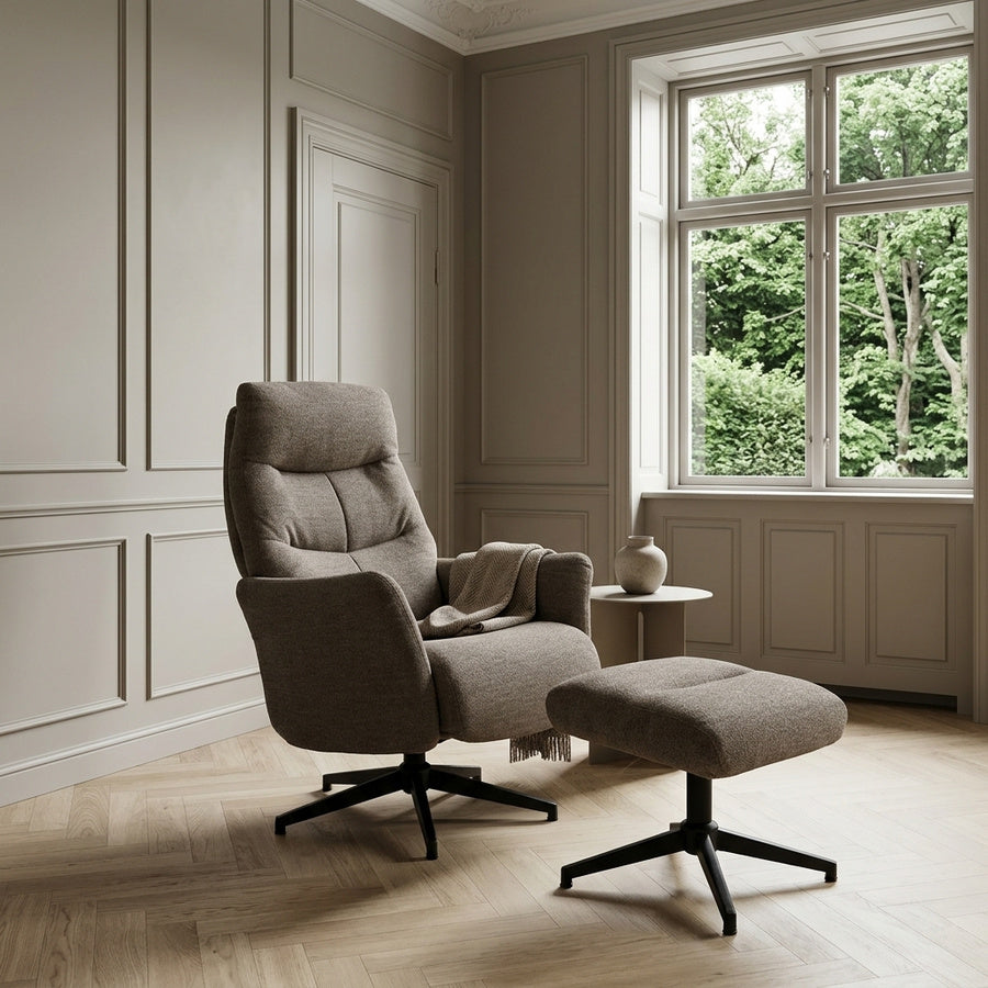 London Recliner med Fodskammel i Taupe Stof og Stel i Sort Stål fra Actona | 75x83x112cm - Billede 1