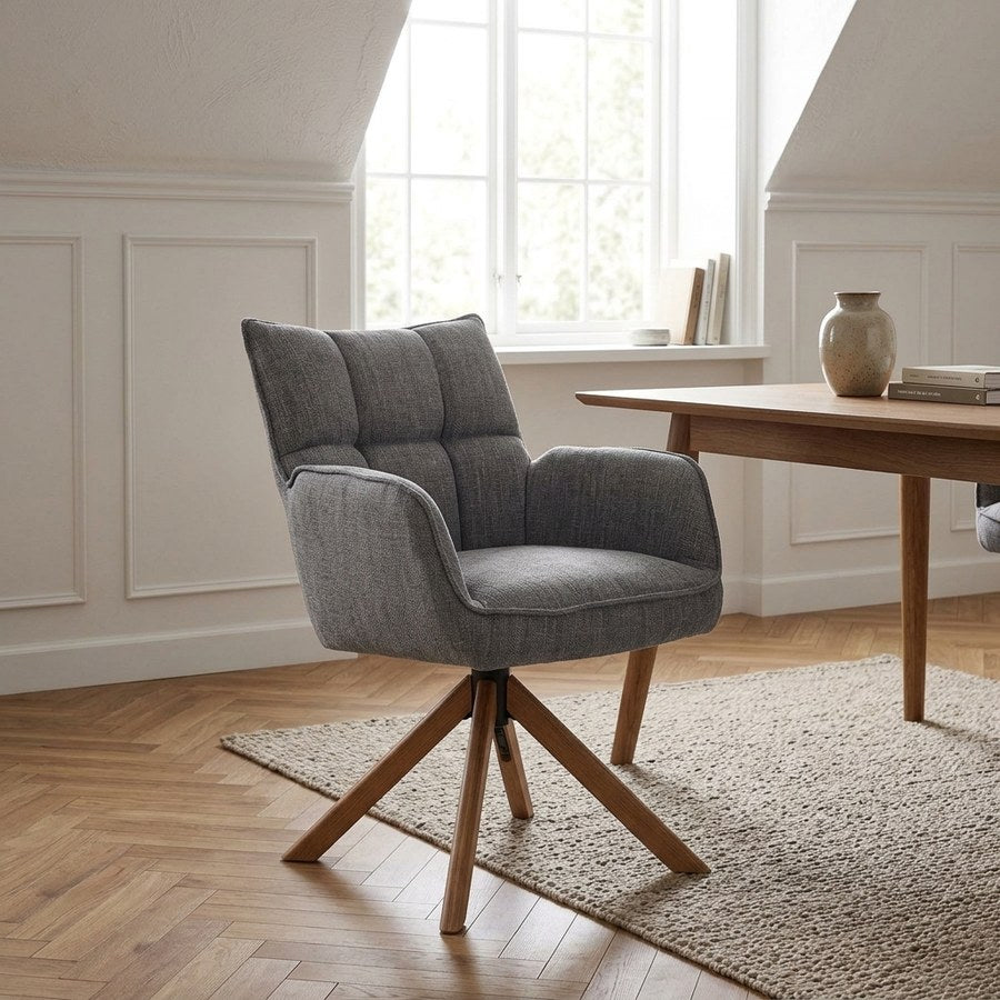 Marilla Spisebordsstol med Armlæn i Grafitgrå Polyester og Egetræ fra Unique Furniture | B59xH86xD65cm
