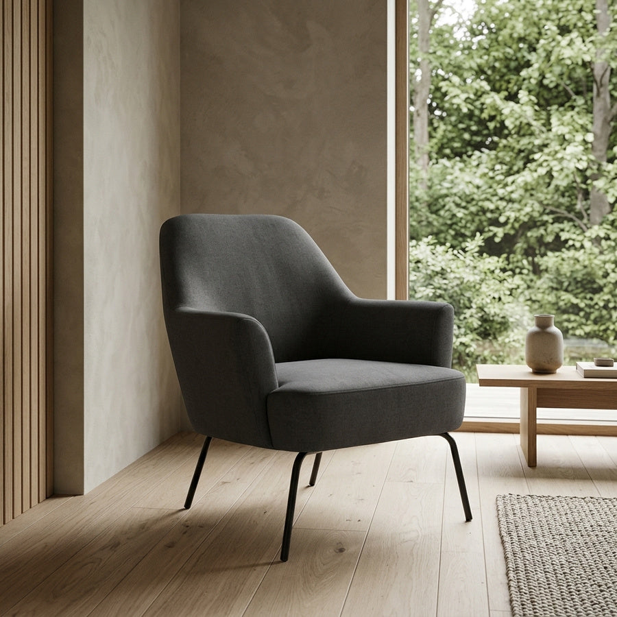 Melissa Lounge Stol i Mørkegrå Stof med Armlæn og Stel i Sort Stål fra Actona | 75x75x83cm - Billede 1