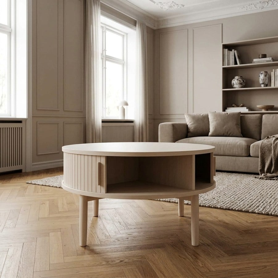 Meta Sofabord i Hvidpigmenteret Egetræ og MDF fra Unique Furniture | Ø85xH45cm