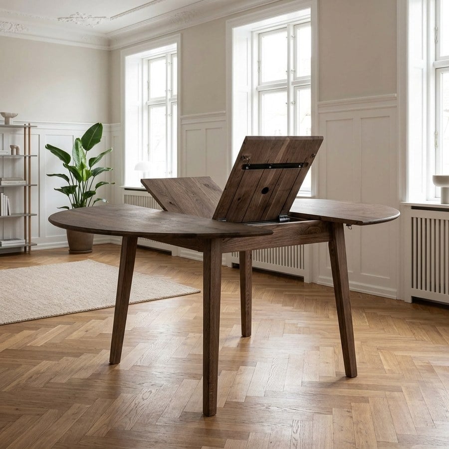 Metz Spisebord med Butterfly tillægsplader i Røget Olieret Massiv Egetræ Fra House Nordic | Ø118x118-158x75 cm