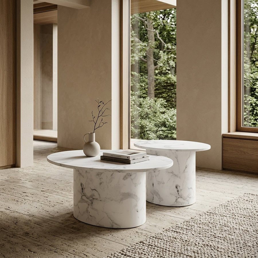 Mice Oval Sofabordsæt i Hvid Marmor Carrara MDF fra Actona | 2 Borde - Billede 1