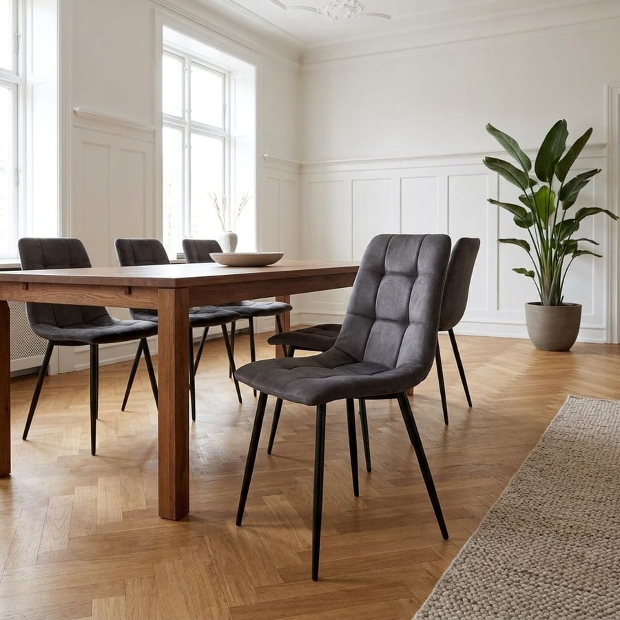 Middelfart Spisebordsstole i Mørkegrå mikrofiber og sorte stål ben fra House Nordic