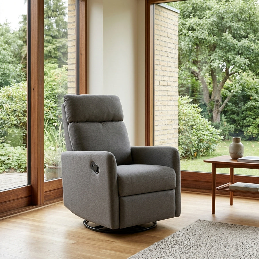 Mikkeli Recliner i Grå Stof med Drejefunktion og Rocking Funktion og Stel i Sort Stål fra Actona | 67x93,5x99cm - Billede 1