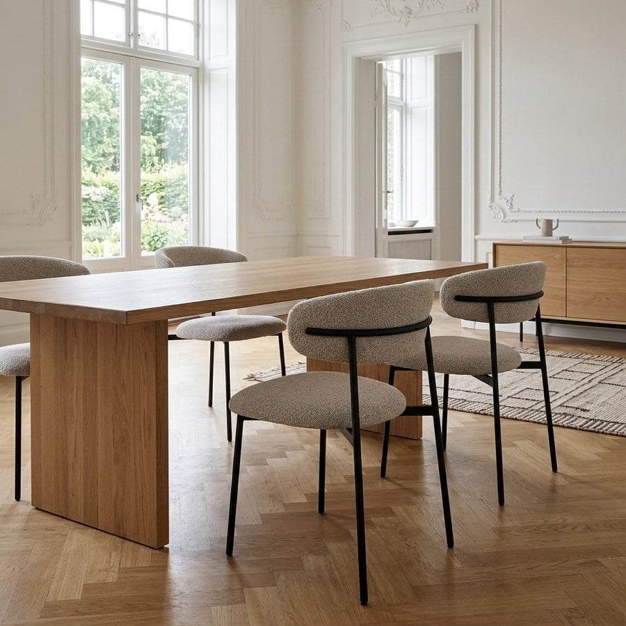 Mira Spisebordsstol i Sand Bouclé med Sorte Metalben Fra House Nordic | Polyester