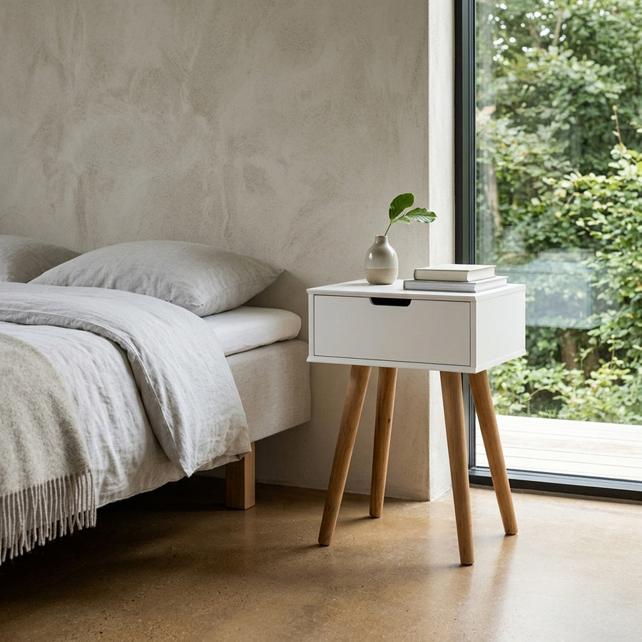 Mitra Natbord i Hvid MDF & Stel i Eg fra Actona | B40xD30xH61,5cm - Billede 1