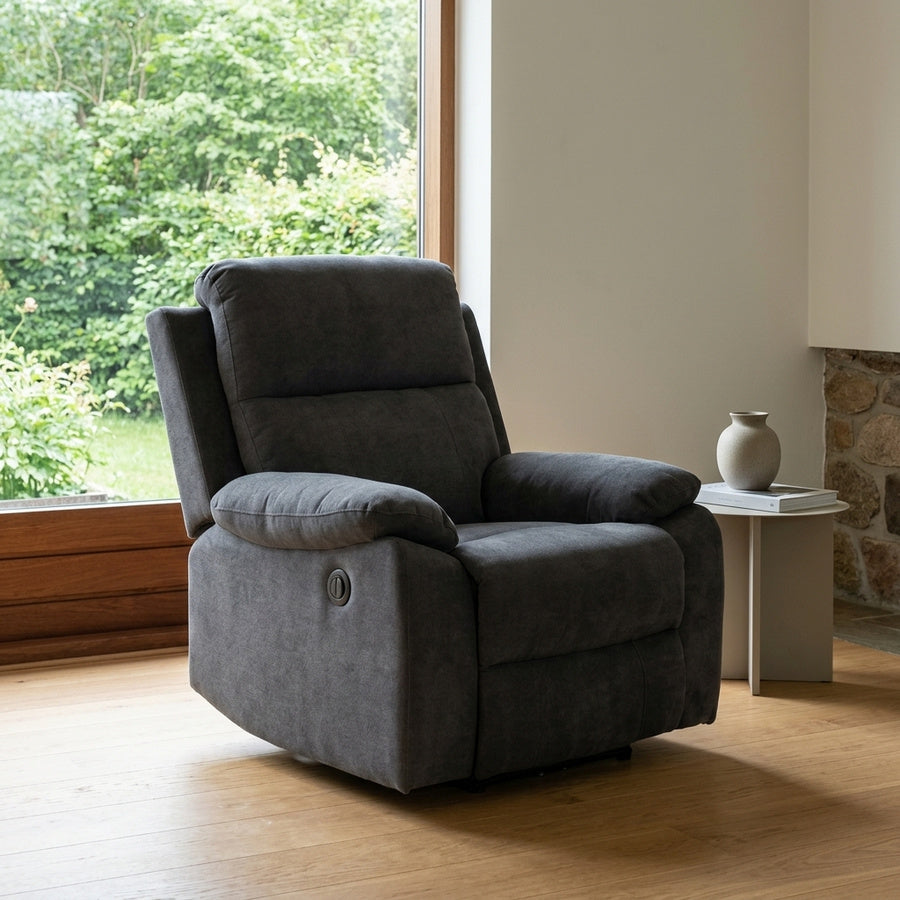 Mora Recliner i Mørkegrå Stof med Motoriseret Recline og Stel i Sort Stål fra Actona | 89,5x95x98cm - Billede 1