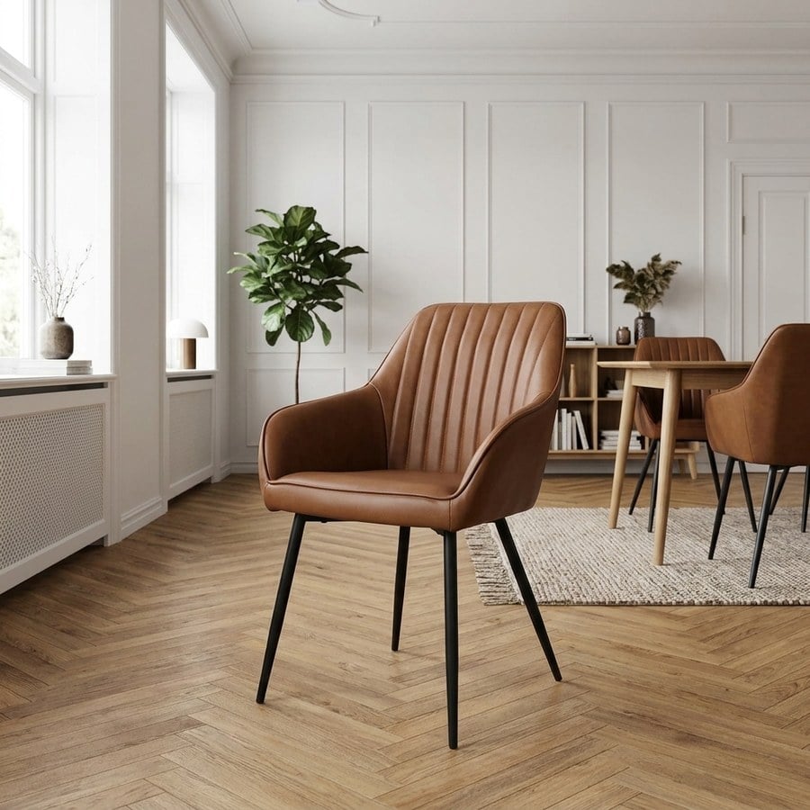 Nolan Armchair Spisebordsstol i Cognac PU med Sort Stål Stel fra Unique Furniture | B58xH84xD59,5cm