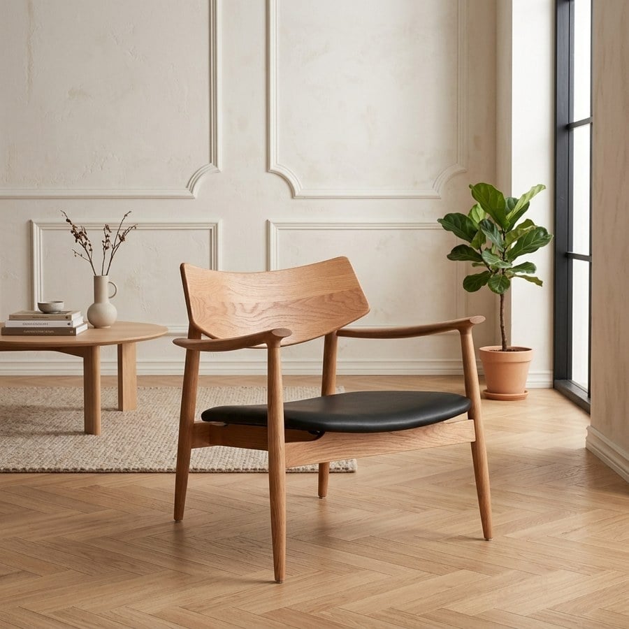 Olvera Loungestol i Massiv Egetræ og Sort Kunstlæder Fra House Nordic | 69x69x72 cm