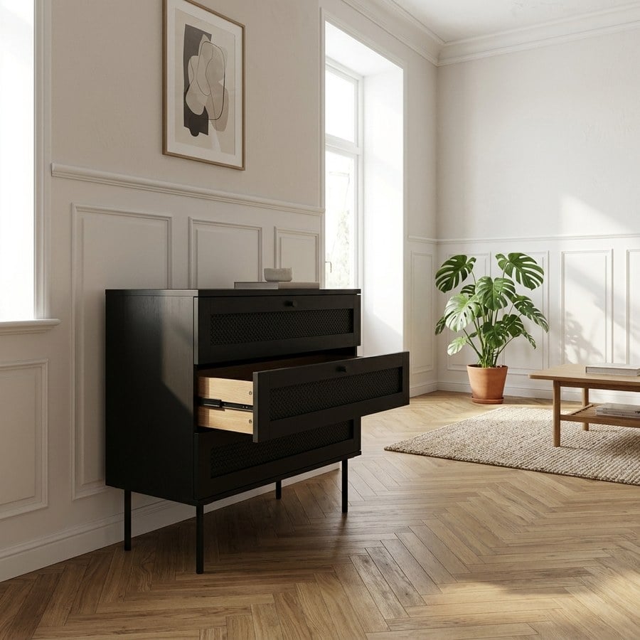 Pensacola Kommode i Sort Melamin og Polyrattan med 3 Skuffer fra Unique Furniture | B80xH75xD40cm