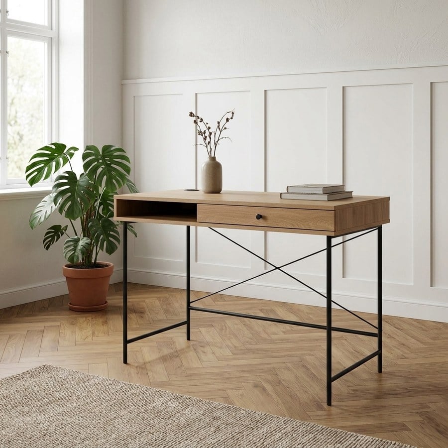 Pensacola Skrivebord i Egetræ og MDF med Sort Metal Stel fra Unique Furniture | B120xD60xH76cm
