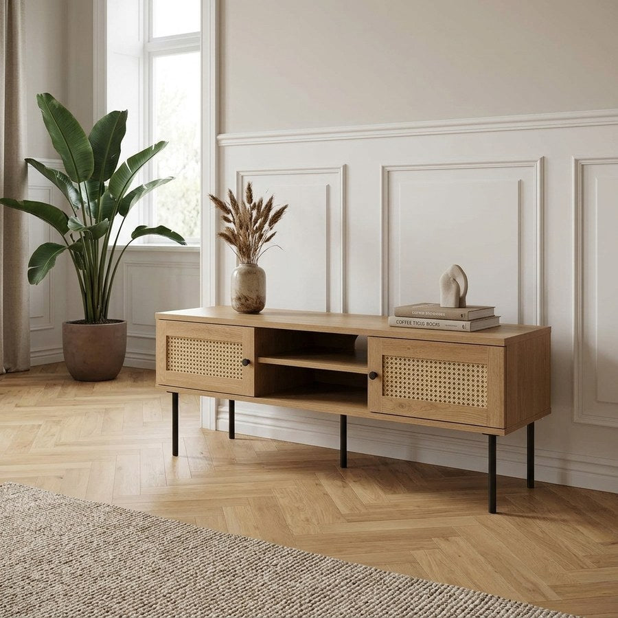 Pensacola TV Bord i Egetræs Melamin og Natur Rattan fra Unique Furniture | B120xH43xD40cm