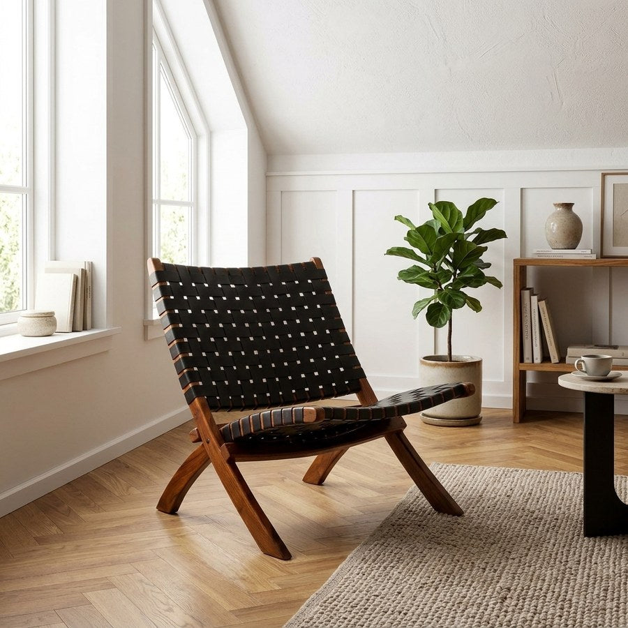 Perugia Folde/Loungestol i sort læder & massive teaktræs ben fra House Nordic