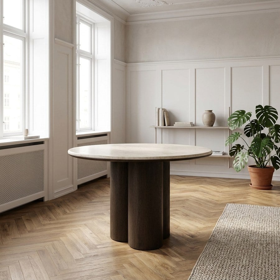 Piazze Spisebord i Bursa Marmor &amp; Stel i Espresso Olie Egetræ fra Unique Furniture | Ø120xH75 cm