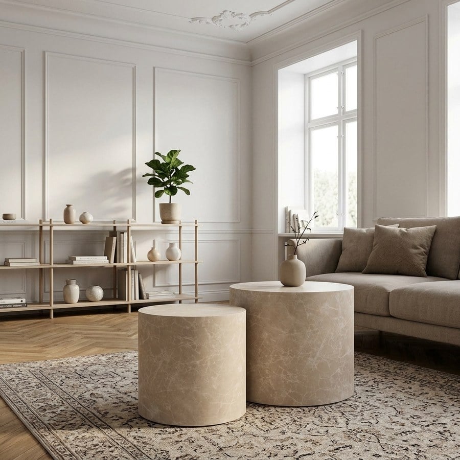 Prague Sofabord Sæt af 2 i Marmor Look Beige fra House Nordic | Ø38/48xH36/40cm