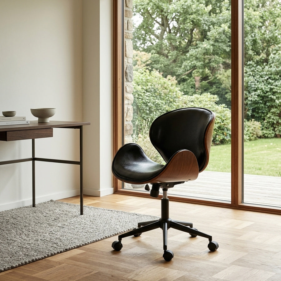 Rind Kontorstol i Sort Imiteret Læder & Mørkt Træstel fra House Of Sander | H87-94 x B55 x L62 cm - Billede 1