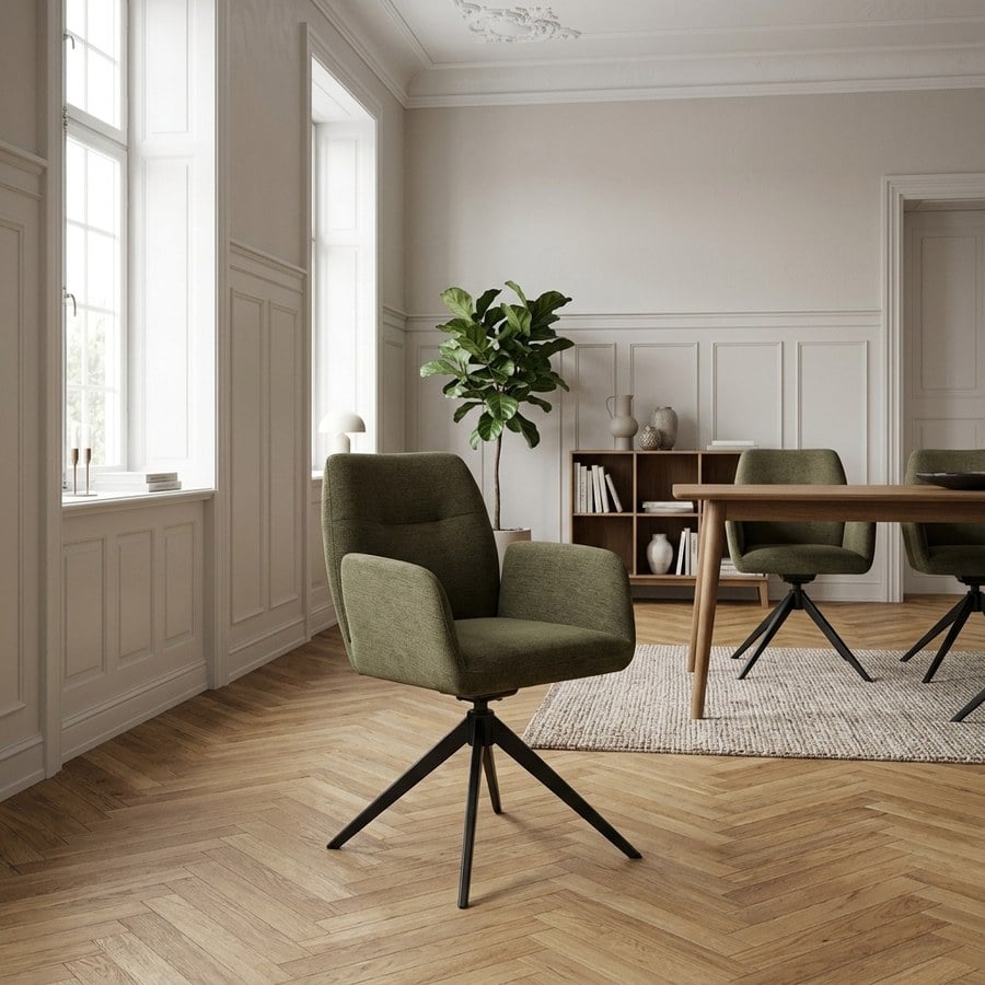 Roxana Spisebordsstol med Armlæn i Olivengrøn Stof og Sort Stål Stel fra Unique Furniture | B57,5xD62xH88cm