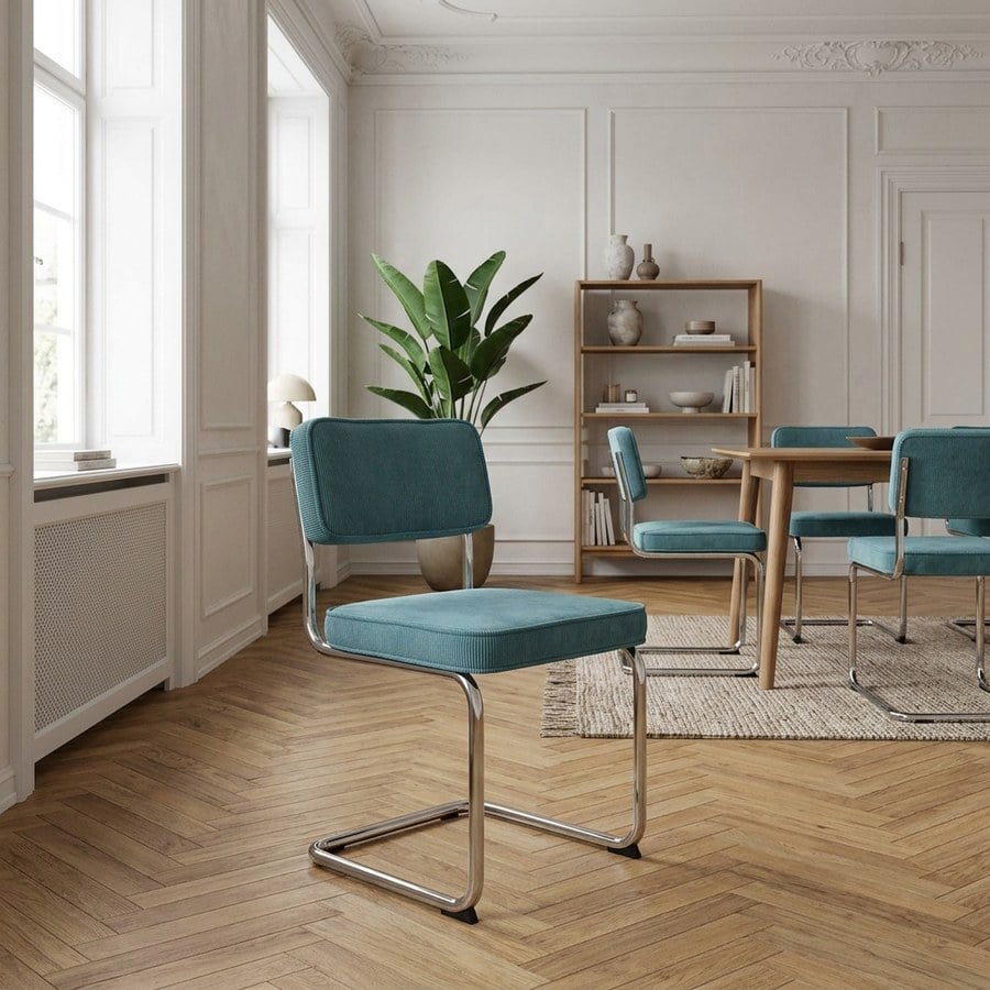 Rupert Spisebordsstol i Blå Fløjl med Krom Stel fra Unique Furniture | B50xH84xD53cm – fra Unique Beds, Home & Living