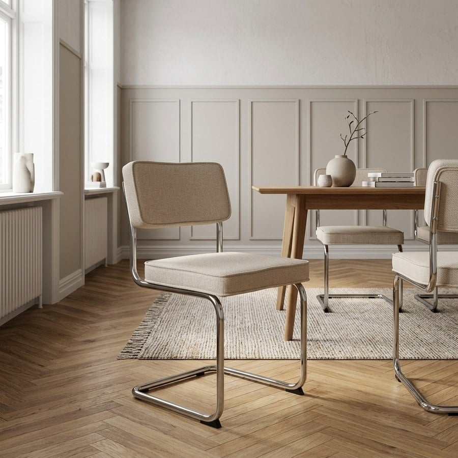 Rupert Spisebordsstol i Sandfarvet Stof med Krom Stel fra Unique Furniture | B50xH84xD53cm