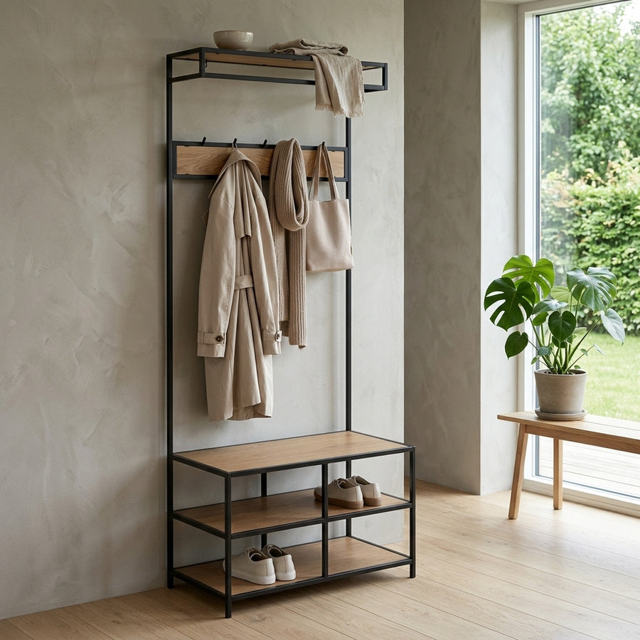 Seaford Garderobestativ i Sort Stål & Hylder i Vild Eg Egetræ fra Actona | B77xD40xH185cm - Billede 1