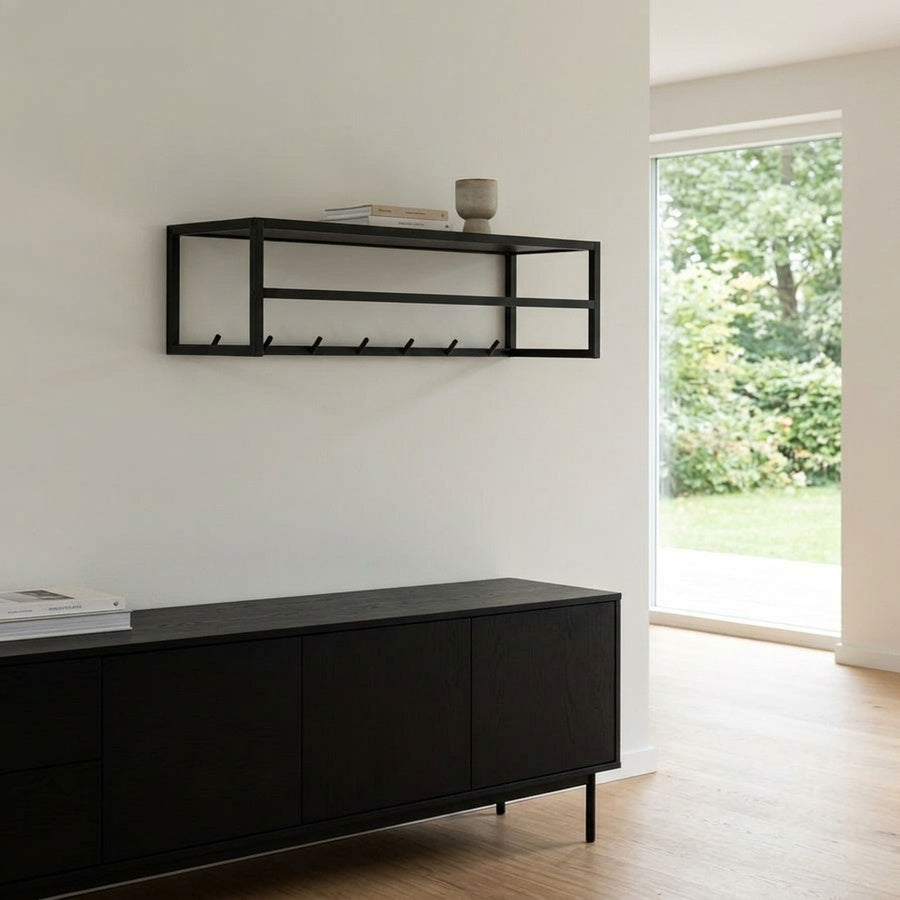 Seaford Knagerkække i Sort Stål & Hylde i Sort Ask MDF fra Actona | B77xD28xH22cm - Billede 1
