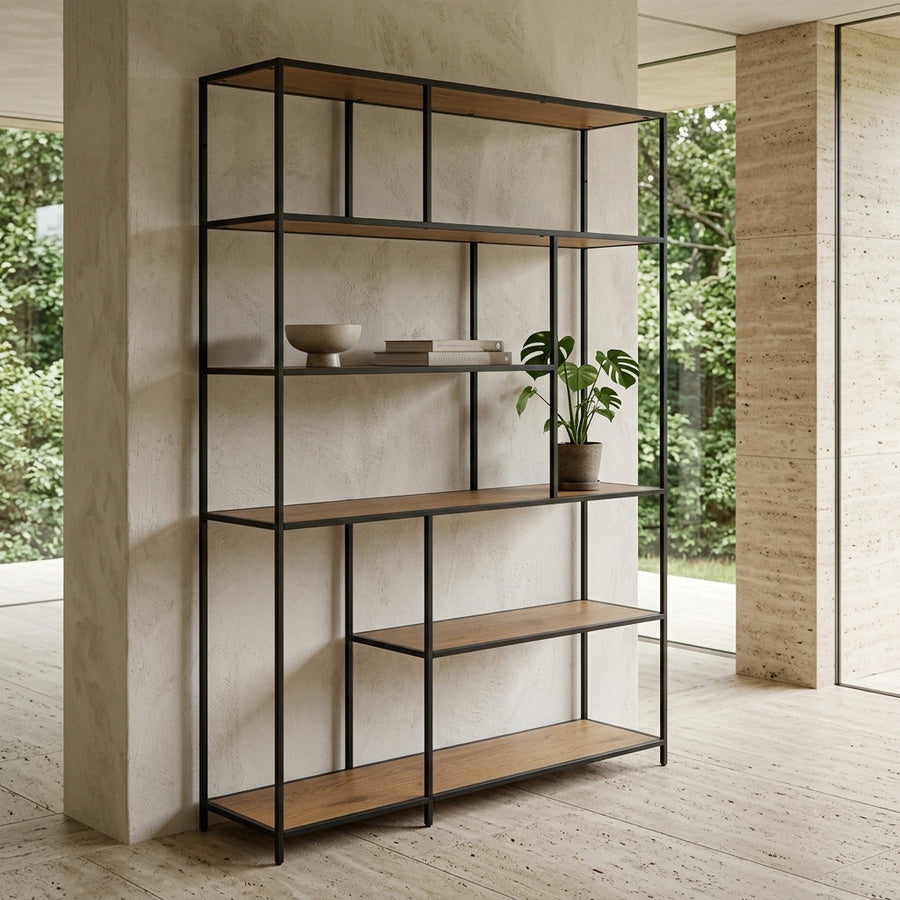 Seaford Reol i Vild Eg Papir & Stel i Sort Stål fra Actona | B135xD35xH185cm - Billede 1