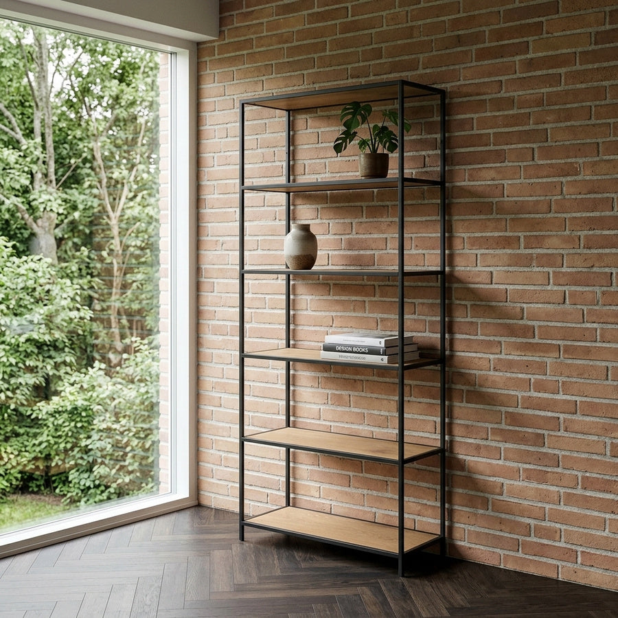 Seaford Reol i Vild Eg & Stel i Sort Stål fra Actona | B77xD35xH185cm - Billede 1