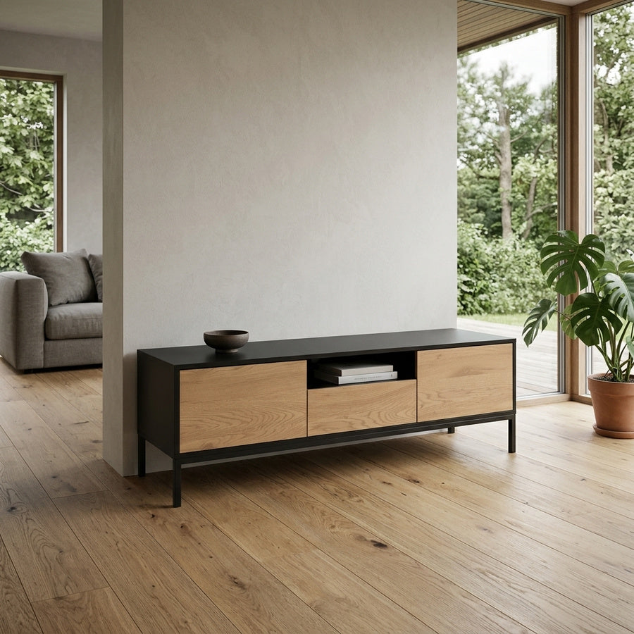 Seaford TV Bord i Sort & Mat Vild Eg MDF & Stel i Mat Sort Stål fra Actona | B140xD40xH45cm - Billede 1
