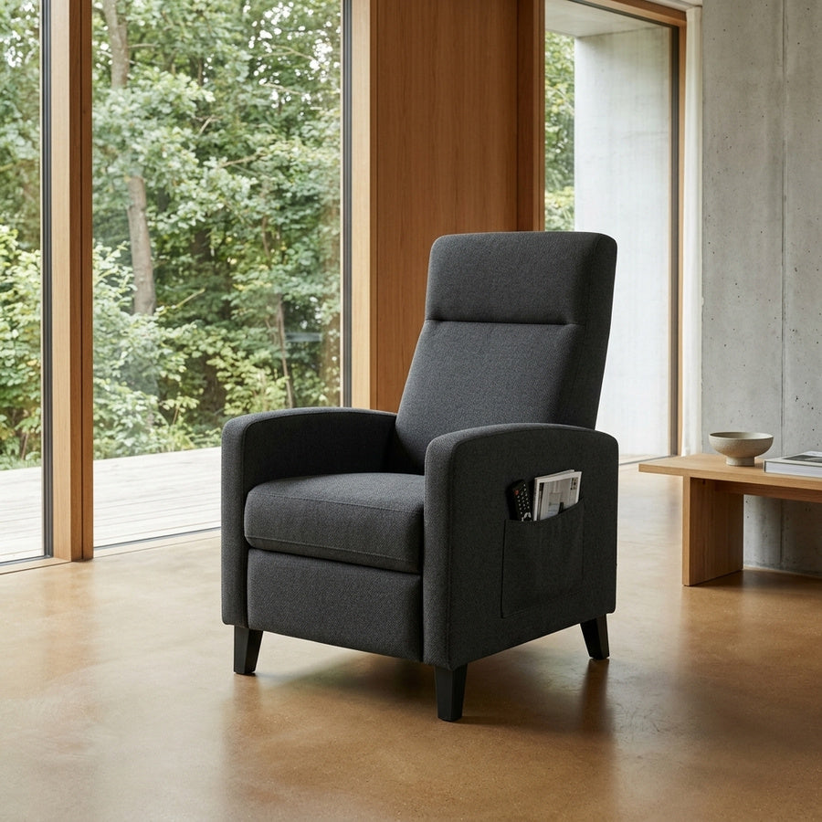 Siom Recliner i Antracit Stof med Lomme, Posefjedre og Skub Funktion og Stel i Sort Polypropylen fra Actona | 67x87x100,5cm - Billede 1